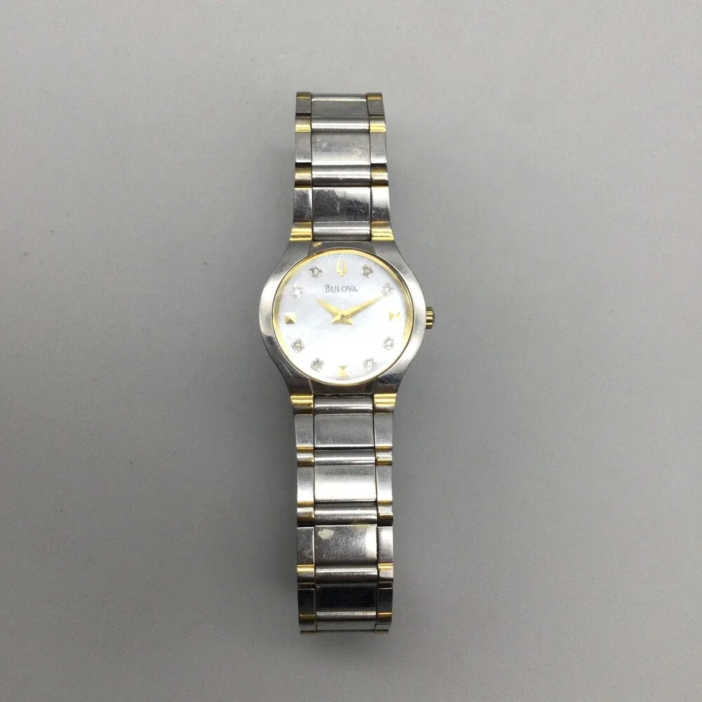 Bulova Womens Watch 25mm MOP Dial Two Tone Stainless Diamond New Battery 7.25